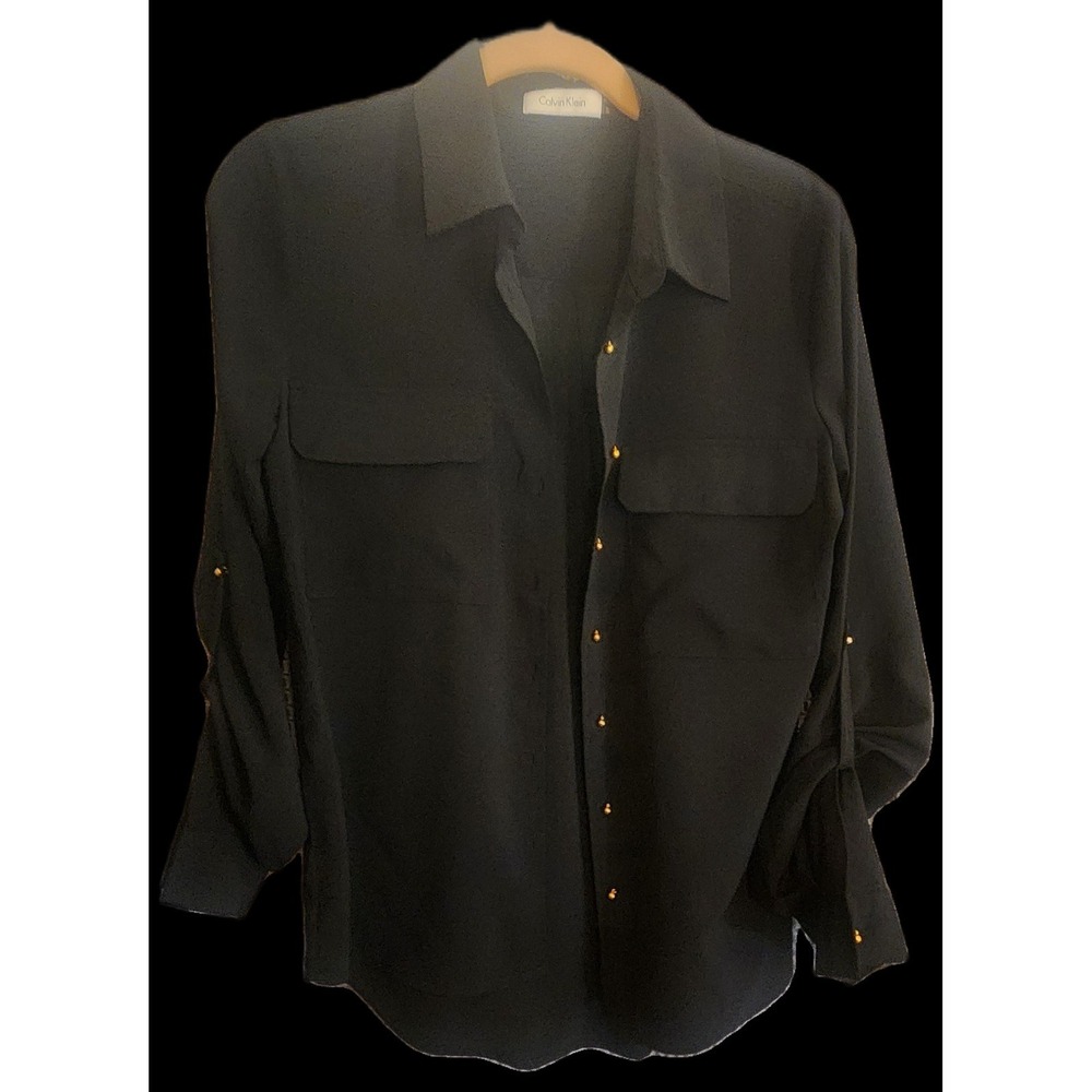 Ladies Calvin Klein Black Roll-Tab Sleeve Button Down Blouse Top Small